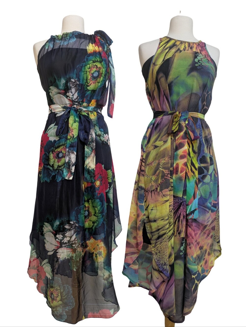 3 Looks! Sleeveless Multicolor High-Low Halter Maxi Dresses with Tie Waist